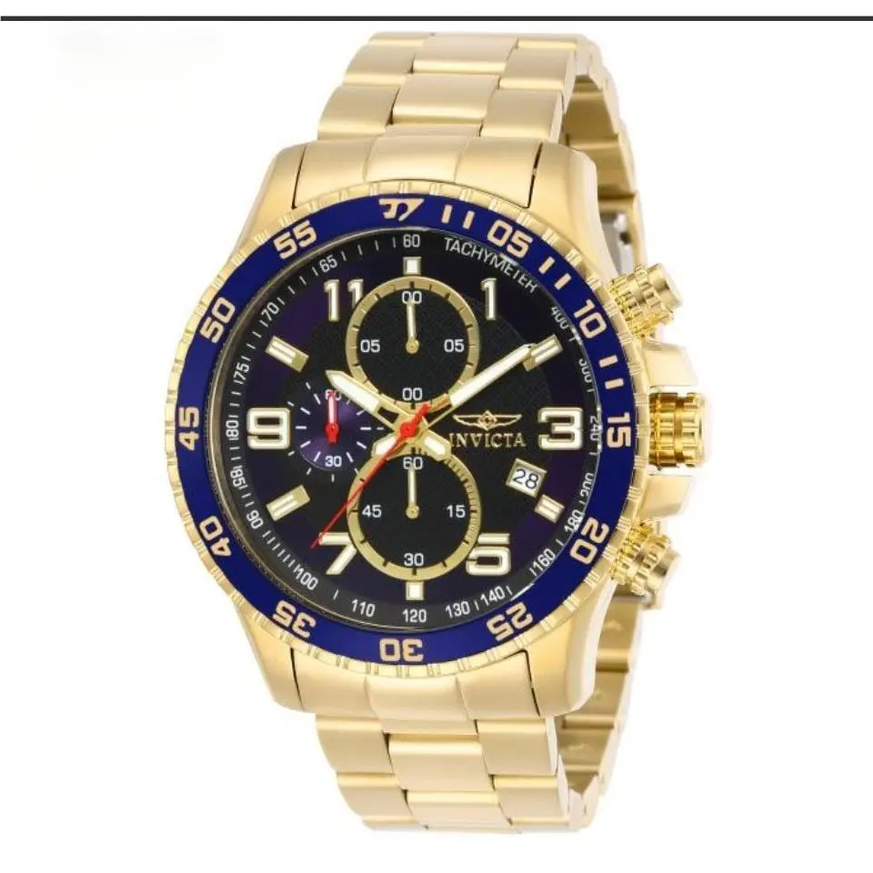 Invicta Specialty Men`s 45mm Watch Gold Tone Dark Blue Dial Chronograph 14878 - Dial: Blue, Band: Gold, Bezel: Blue