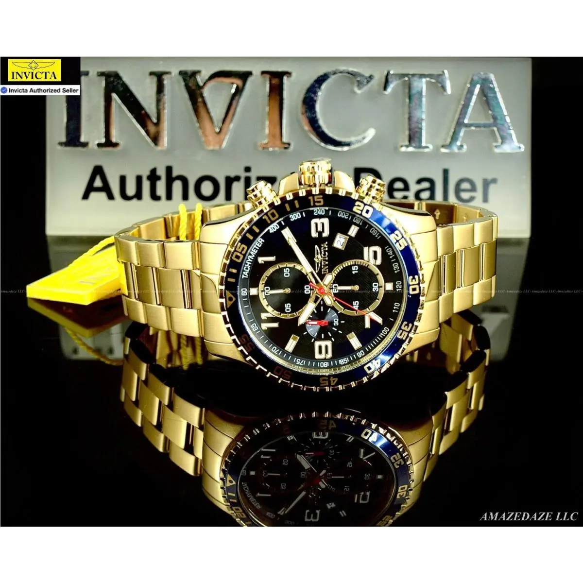 Invicta Men`s Pilot 45mm Stainless Steel Black Dial Chronograph Tachymeter Watch - Dial: Black, Blue, Band: Gold, Bezel: Blue
