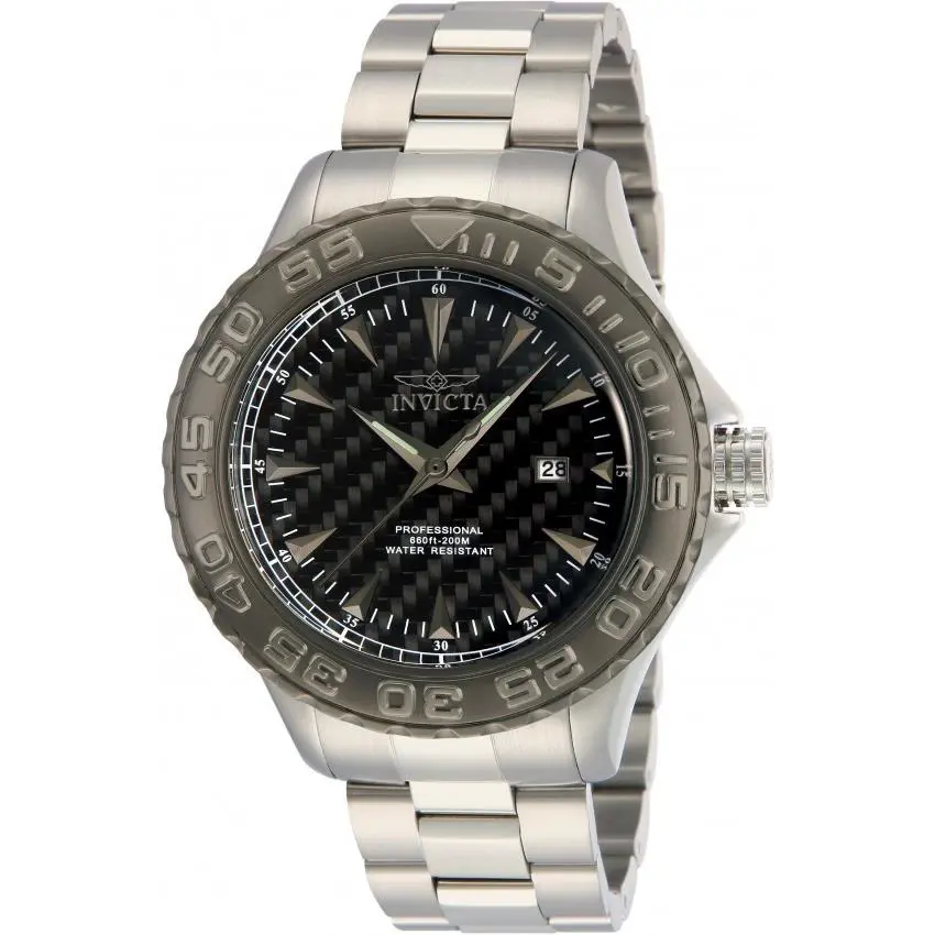 Invicta 12555 Ocean Ghost Pro Diver Men`s Watch Black Carbon Fiber Dial - Dial: Black, Band: Silver, Bezel: Gray