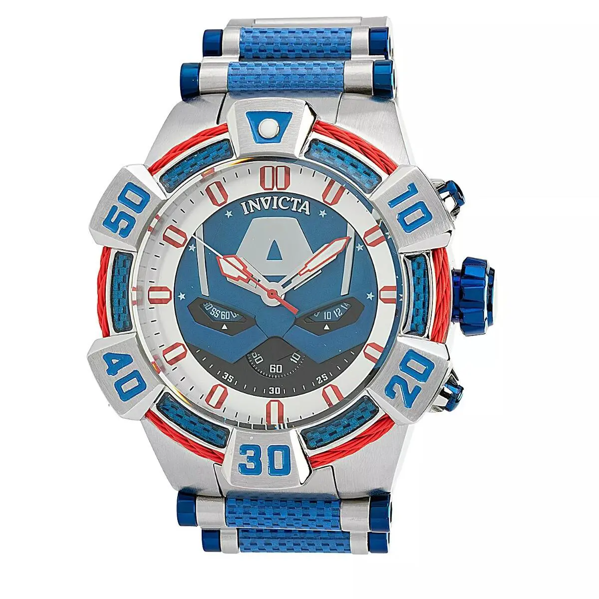 Invicta Marvel Captain America Men`s 52mm Limited Blue Carbon Fiber Watch 38367 - Dial: Black, Blue, Multicolor, Silver, Band: Silver, Bezel: Blue, Red, Silver