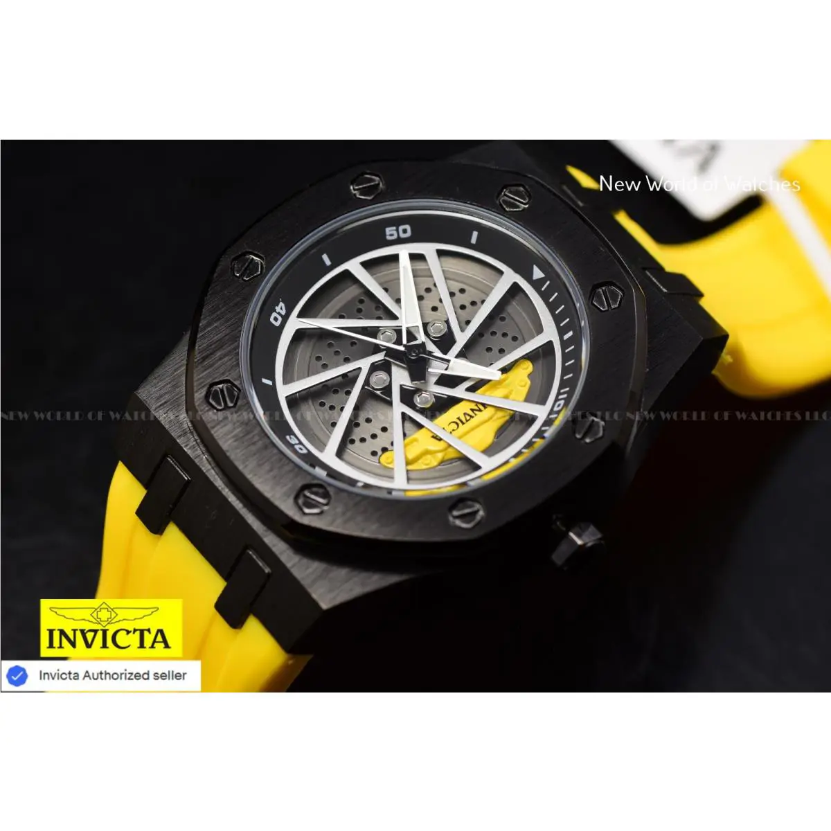 Invicta Men`s Speedway Rim Black/yellow Tone SS Silicone Strap Quartz Watch - Dial: Black, Band: Yellow, Bezel: Black
