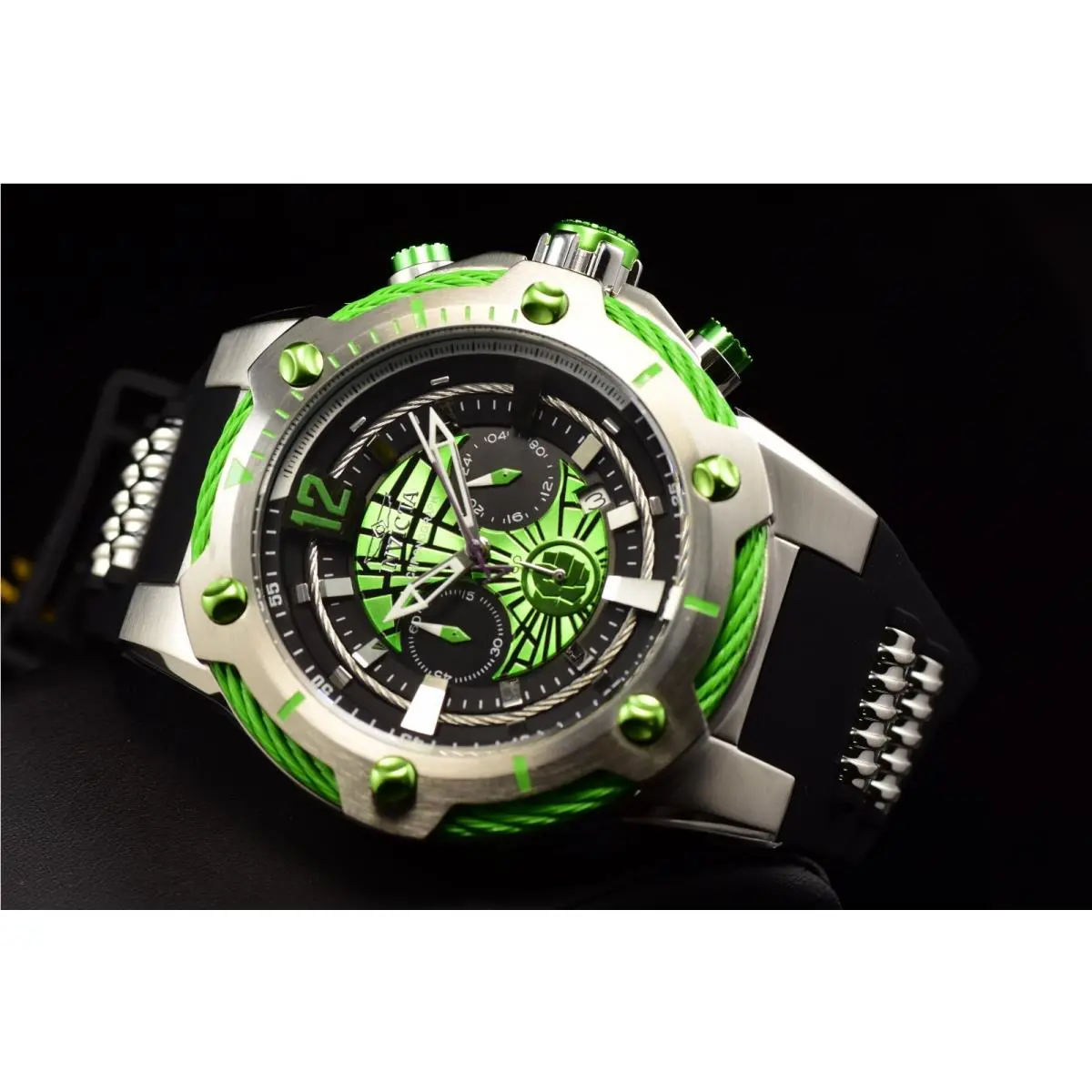 Invicta Men`s Marvel Hulk 53mm Lim Ed Green Chrono Dial Steel/black Watch