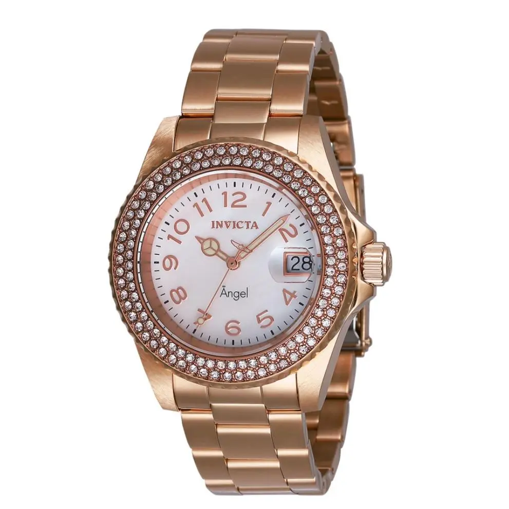 Invicta Angel Women`s 40mm Rose Gold Mop Dial Pave Crystal Quartz Watch 28674