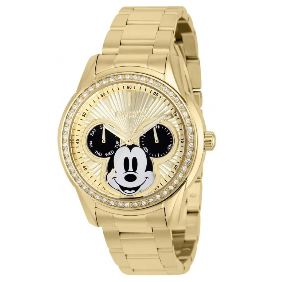 Invicta Disney Women`s 38mm Mickey Mouse Limited Edition Crystals Watch 37826 - Dial: Black, Champagne, Gold, Multicolor, White, Yellow, Band: Gold, Yellow, Bezel: Gold, White