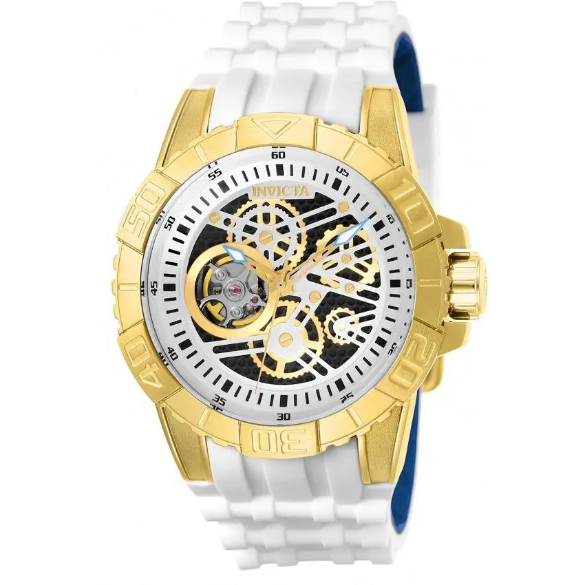 Invicta 25411 Pro Diver Automatic Open Heart Skeleton White Silicone Mens Watch - Dial: Silver, Band: Blue, White