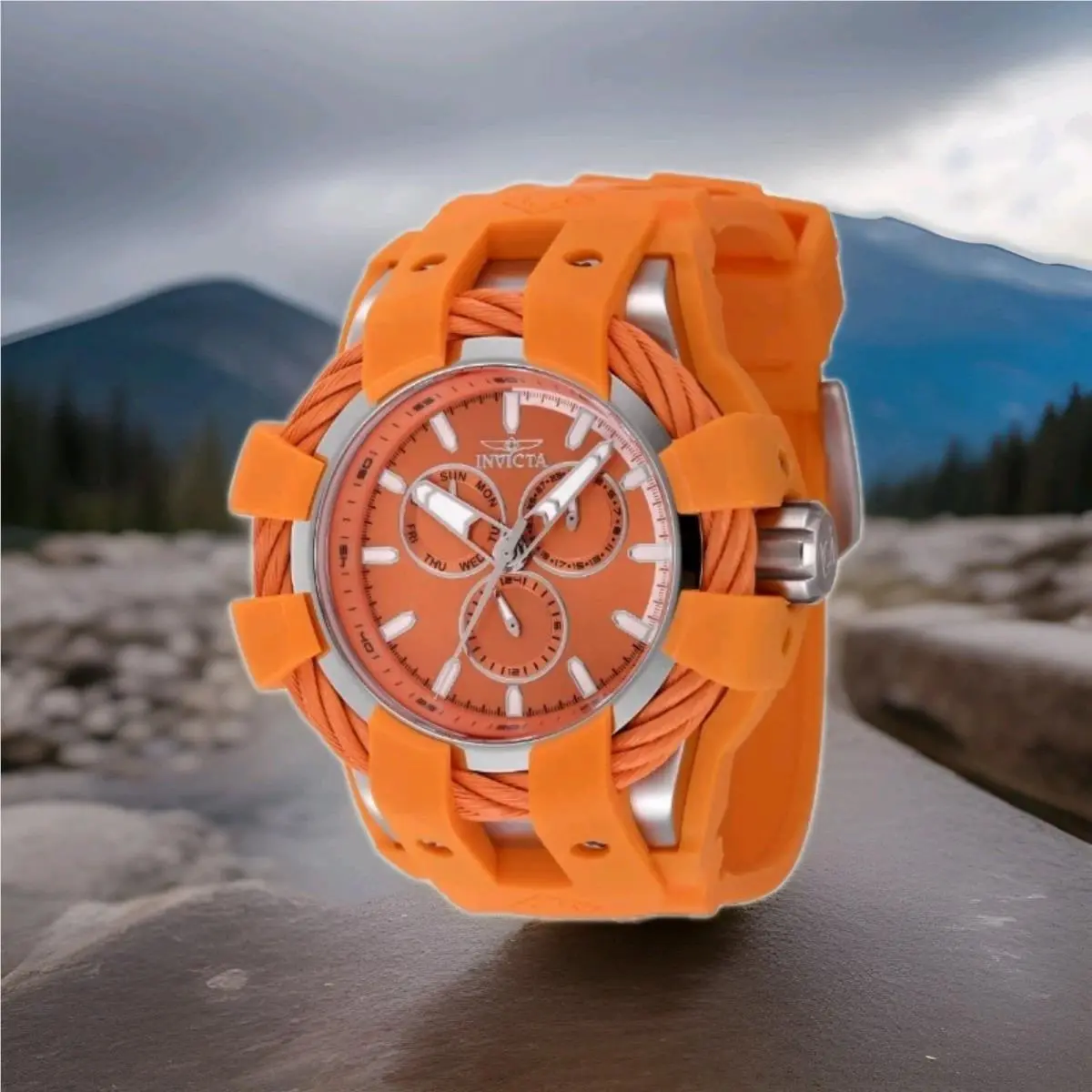 Men`s Bolt Shock 50mm Chronograph Dial Quartz Silicone Band Orange Watch by Invicta