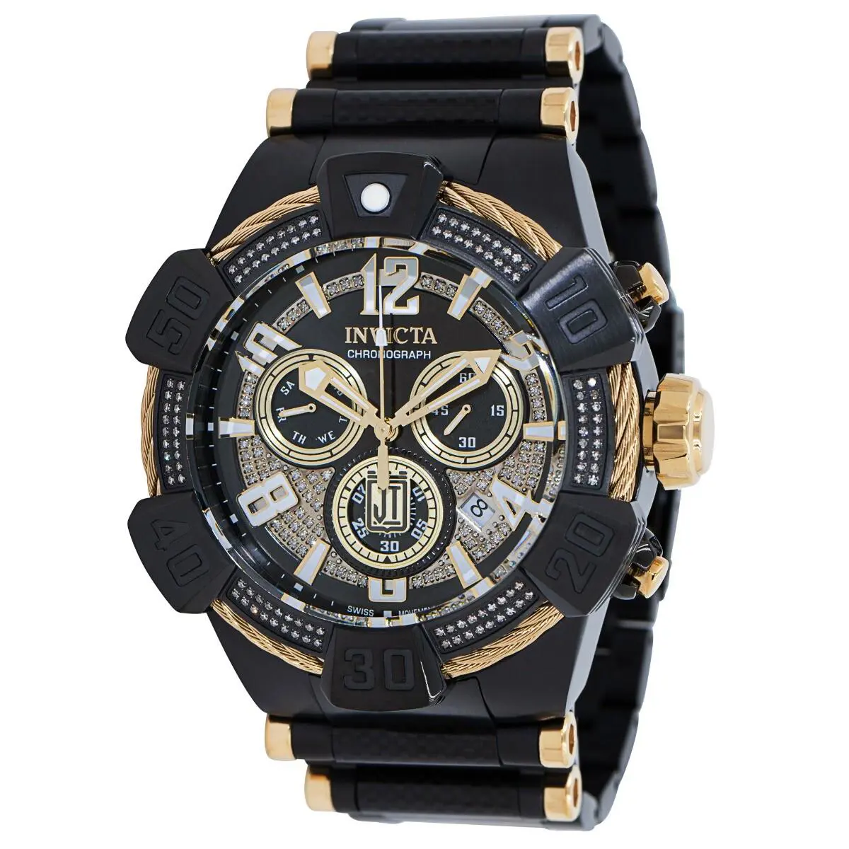 Invicta Jason Taylor .78 Ctw Diamond Men`s 52mm Swiss Chronograph Watch 40438 - Dial: Black, Gold, Silver, Yellow, Band: Black, Bezel: Black, Gold, White