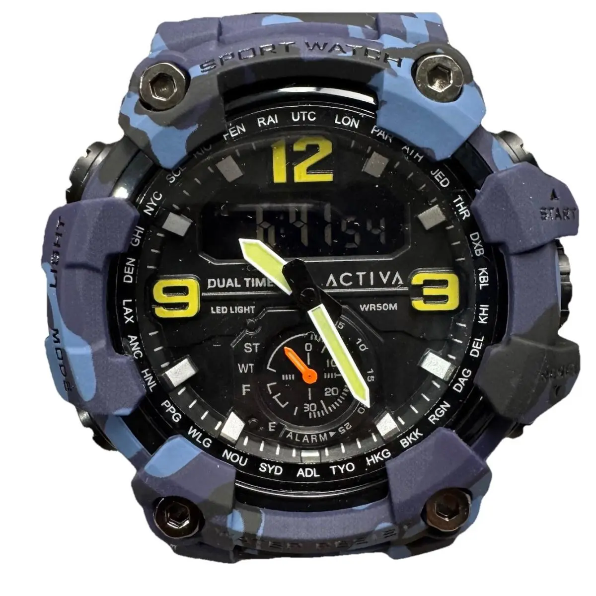 Activa X Invicta Watch Men 56MM Black Ops Digital Dual Time Blue Camouflage Camo