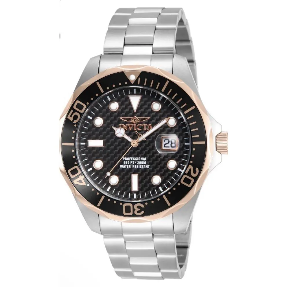 Invicta Men`s Pro Diver Black Carbon Fiber Dial Stainless Steel Watch 12567