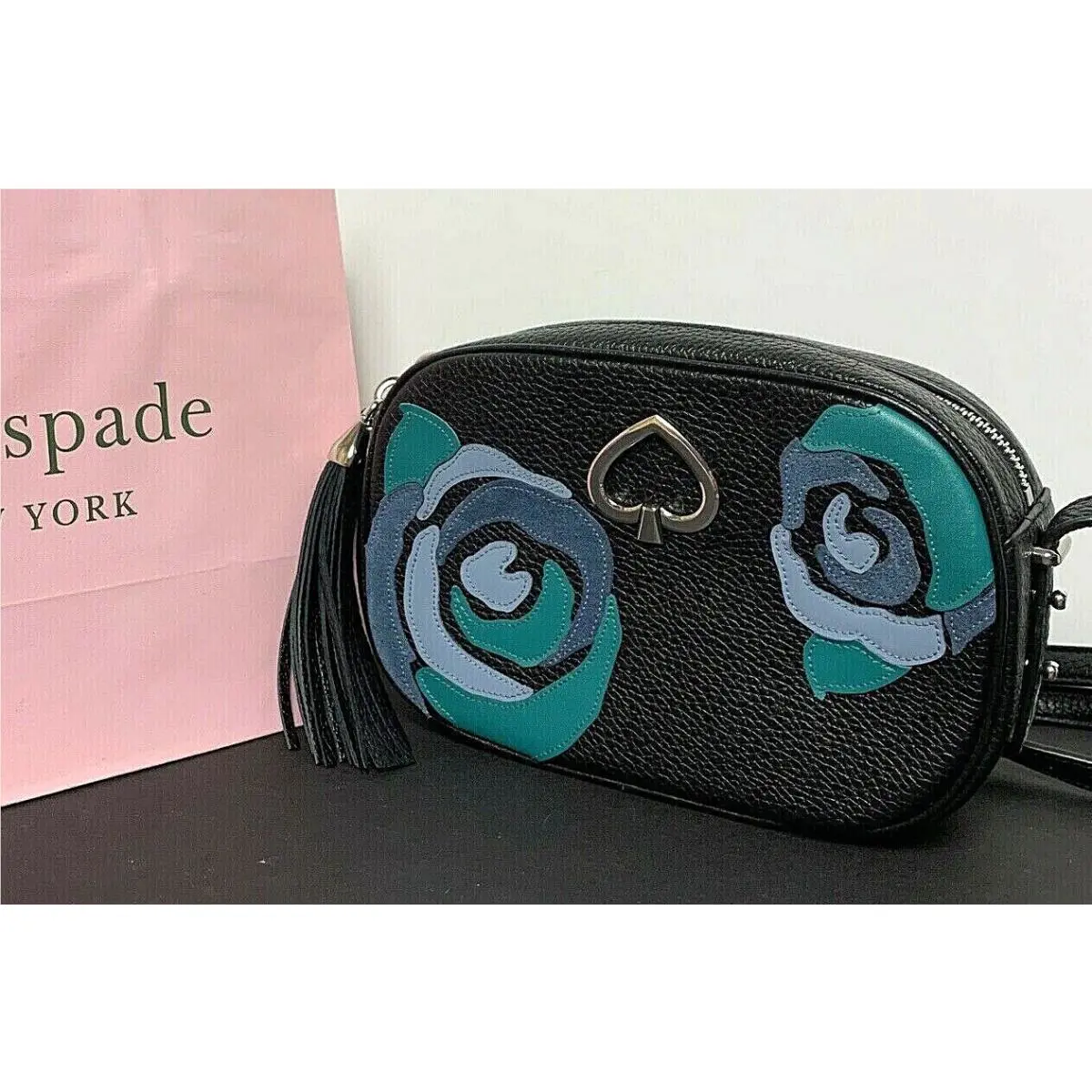 Kate Spade Kourtney Floral Applique Camera Bag Leather Black Multi