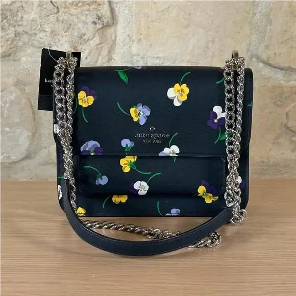 Kate Spade Remi Pansy Toss Flap Chain Leather Crossbody Bag Floral Bluemulti