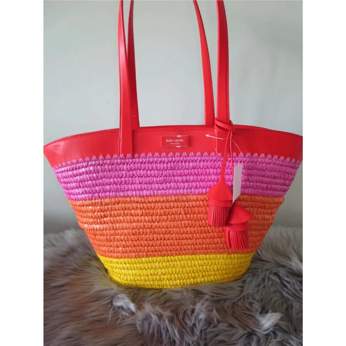 Kate Spade Medium Pier Multicolor Straw Tassel Island Beach TOTE-$295+