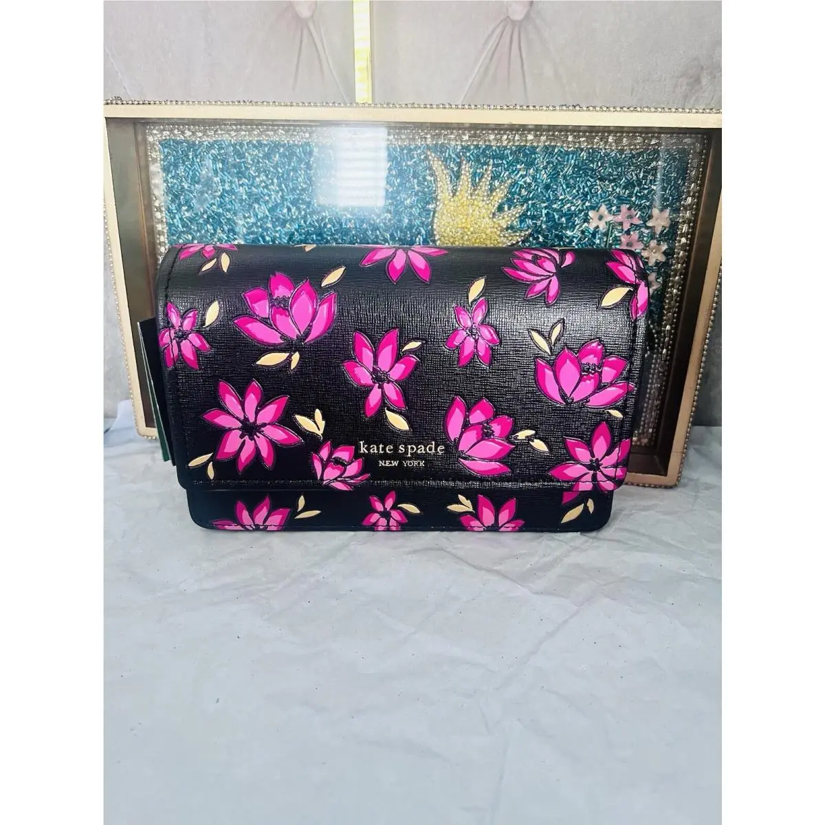 Kate Spade Morgan Winter Blooms Embossed Leather Flap Crossbody Bag Black