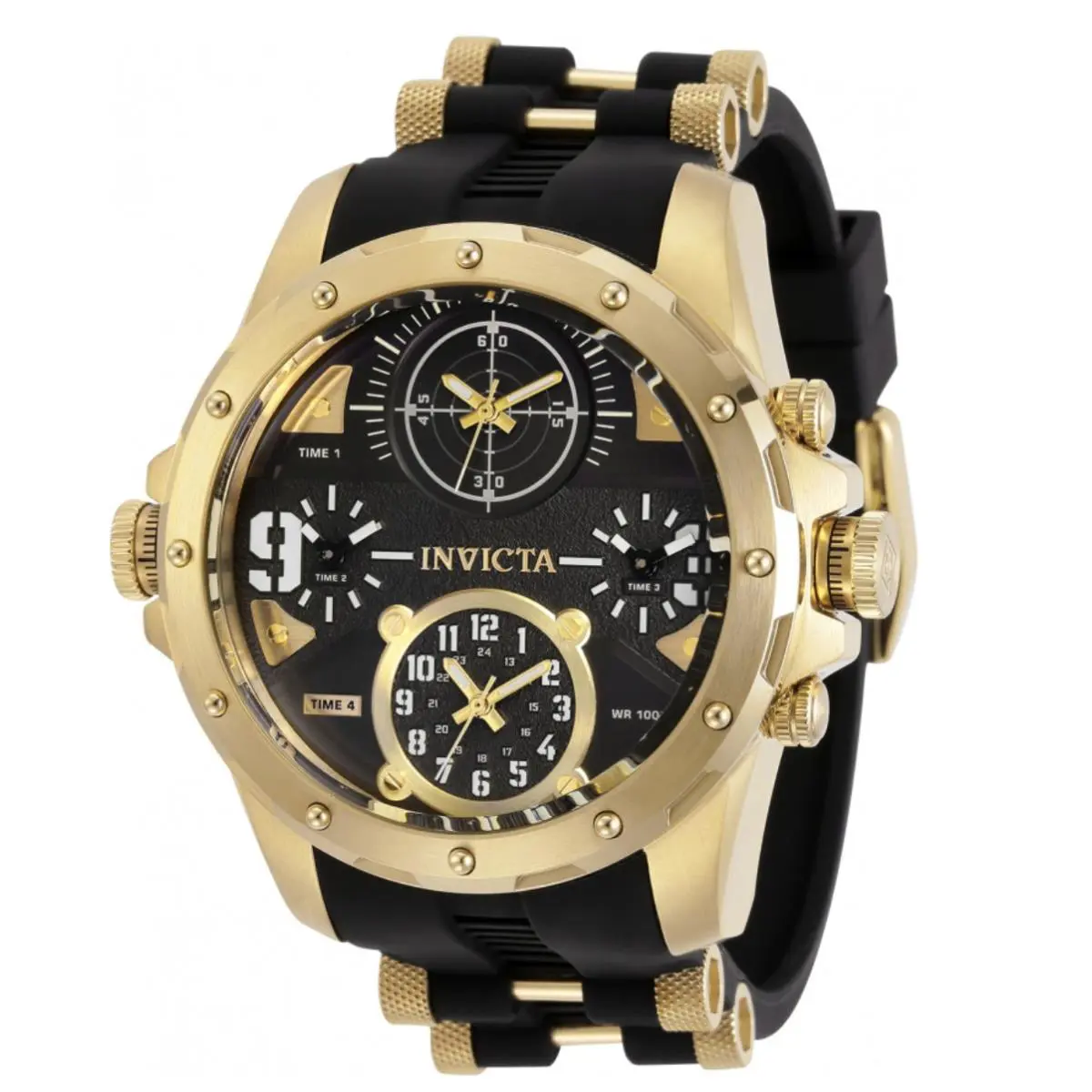 Invicta Coalition Forces Sniper Mens 50mm 4-Time Zones Gold Military Watch 31141 - Dial: Black, Gold, White, Yellow, Band: Black, Bezel: Gold, Yellow