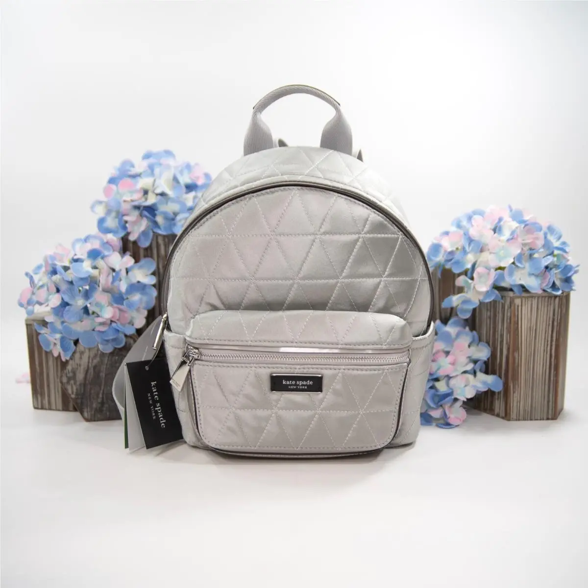Kate Spade Sam Icon Quilted Silver Satin Nylon Small Backpack Bag