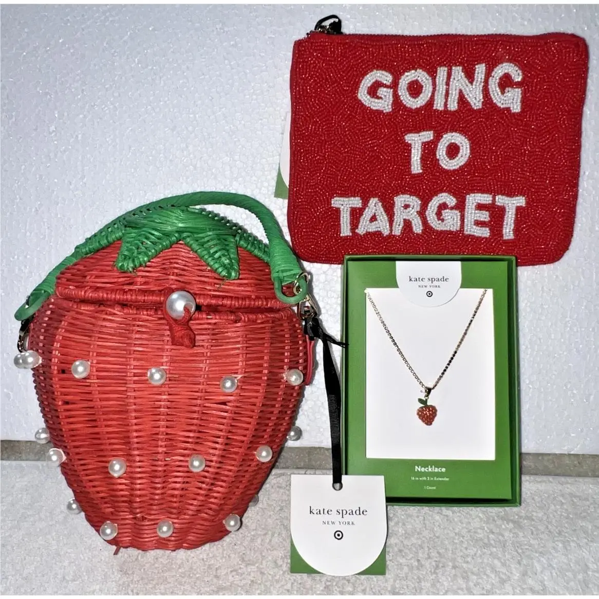Kate Spade Pearl Embellished Strawberry Basket + Necklace + Beaded Clutch New