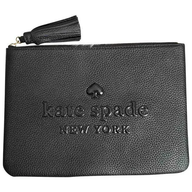 New Kate Spade Black Leather Large Zipper Clutch Pouch with Tassel Cosmetic Bag