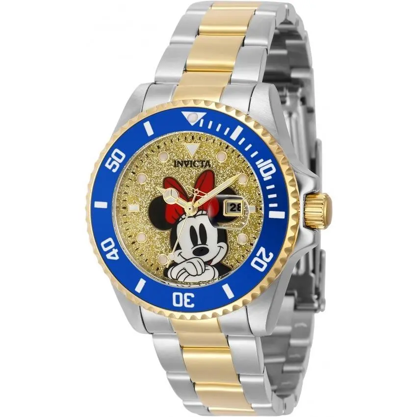 Invicta Women 36MM Disney Minnie Mouse 41345 Silver 18Kt Gold Limited - Dial: Gold, Band: Gold, Silver, Bezel: Blue