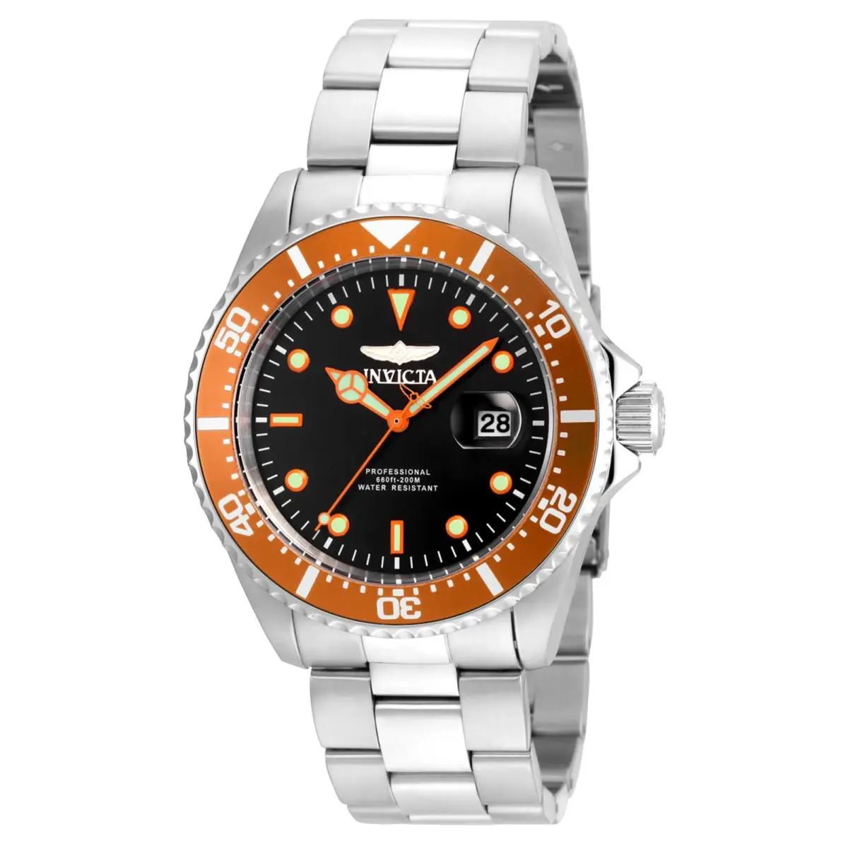 Invicta Pro Diver 22022 Men`s Round Black Dial Orange Bezel Analog Date Watch