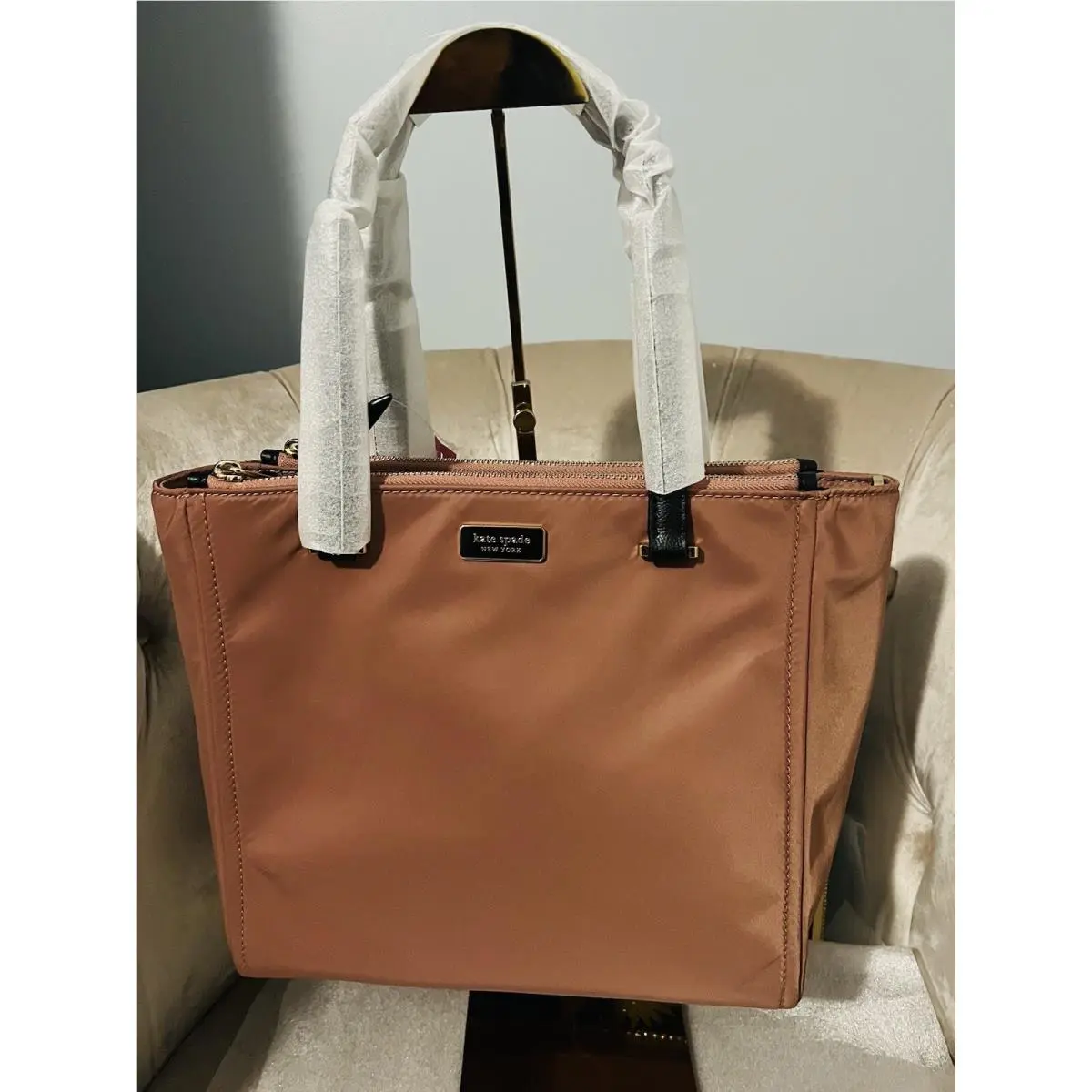 Kate Spade Medium Satchel Dawn Sparrow Mauve Nylon Leather Tote Bag Handbag New