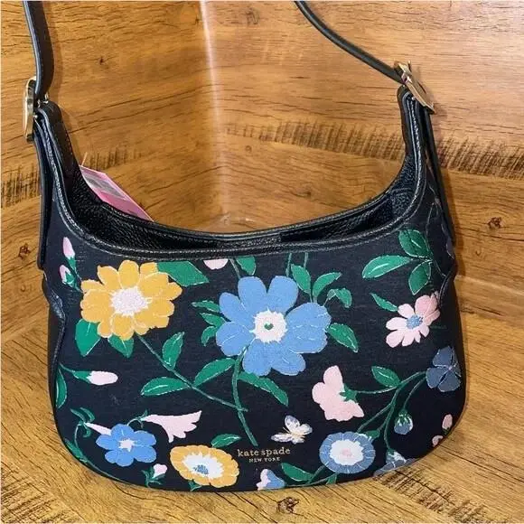 Kate Spade Penny Black Floral Jacquard Hobo Bag K6582 Shoulder Purse