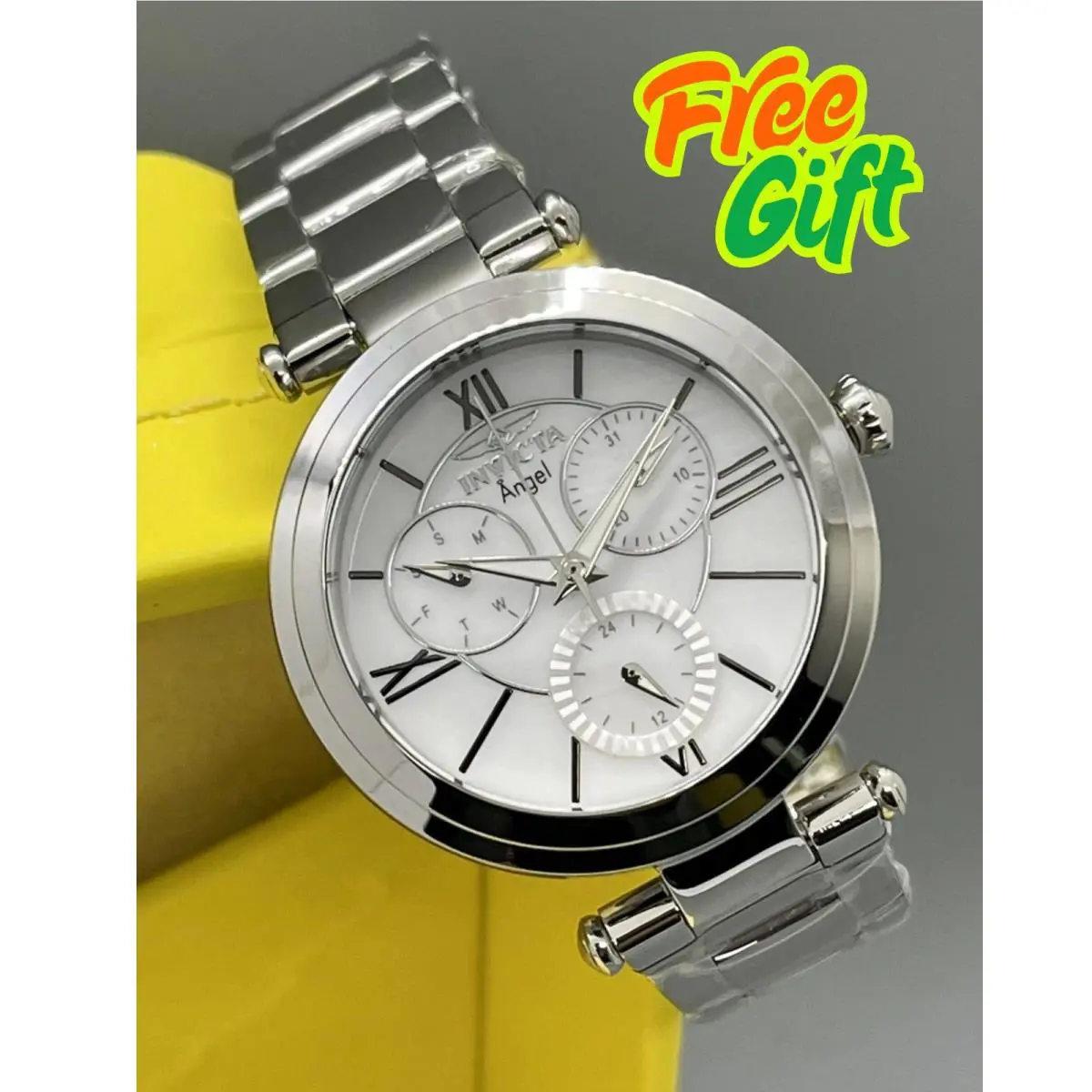 Invicta Ladies 36mm Angel Double Silver SS Case White Dial Chronograph Watch