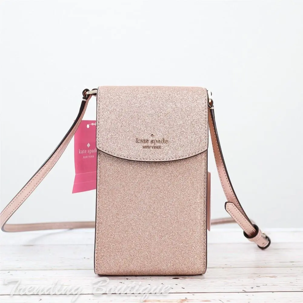 Kate Spade Tinsel North South Glitter Phone Flap Crossbody in Rose Gold