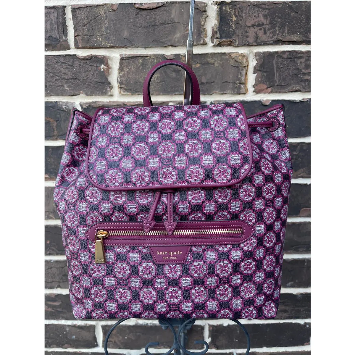 NWT$348 Kate Spade Floral Monogram Coated Canvas Medium Backpack Garnet Rose Mul