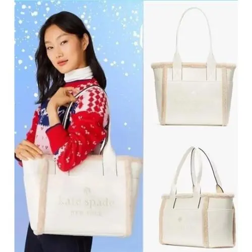 Kate Spade Jett Shearling Fur Winter White Meringue Logo Large Tote-$459
