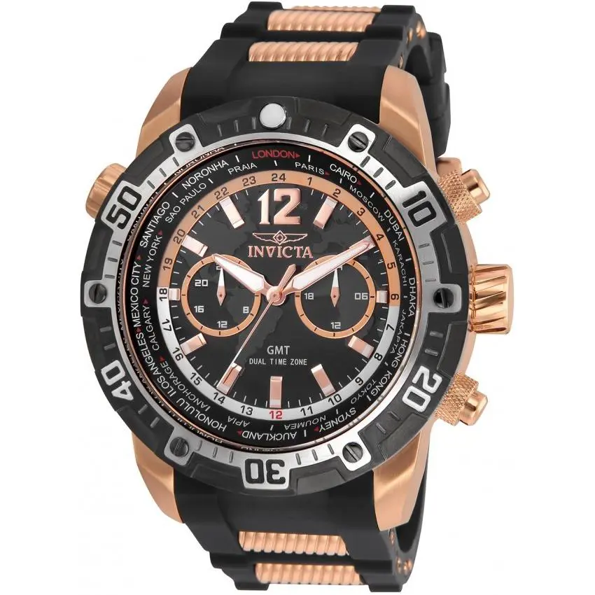 Mens Invicta 24582 50mm Aviator Gmt Dual Time Zone Black Strap Watch