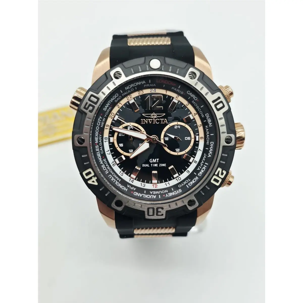 Mens  24582 50mm Aviator Gmt Dual Time Zone Black Strap Watch by Invicta