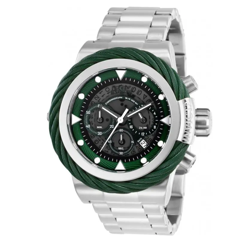 Invicta Bolt Sport Men`s 50mm Silver Green Anatomic Chronograph Watch 27797 Rare - Dial: Clear, Gray, Green, Band: Silver, Bezel: Green, Silver