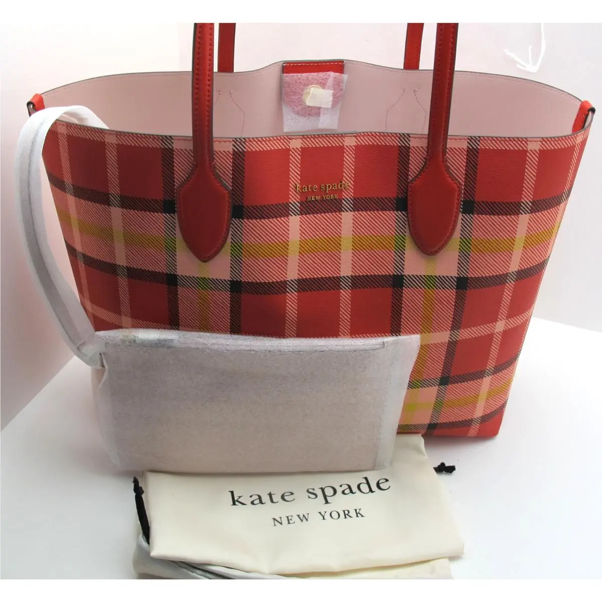 New Kate Spade Large Travel Leather Tote Bleecker Museum Plaid Print Engine Red