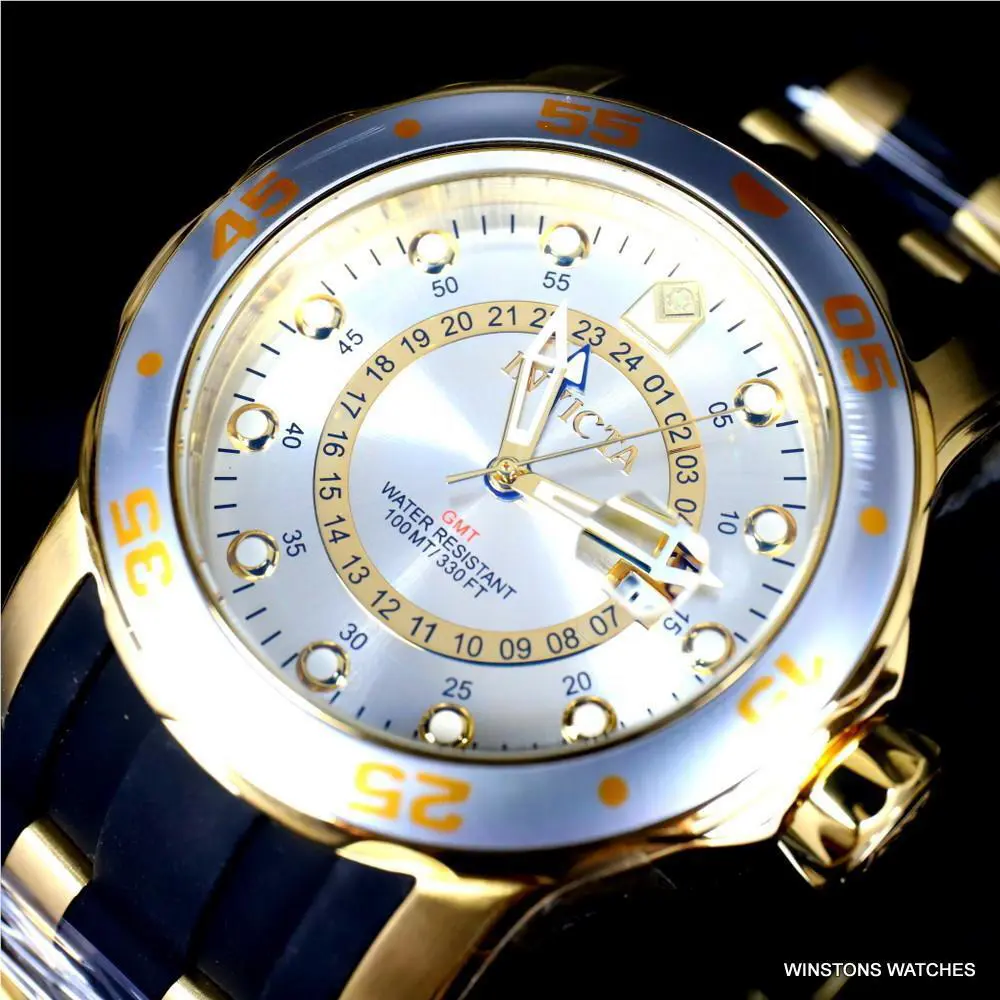 Invicta Pro Diver Scuba Gmt Silver Tone Dial 18kt Gold Plated 49mm Watch