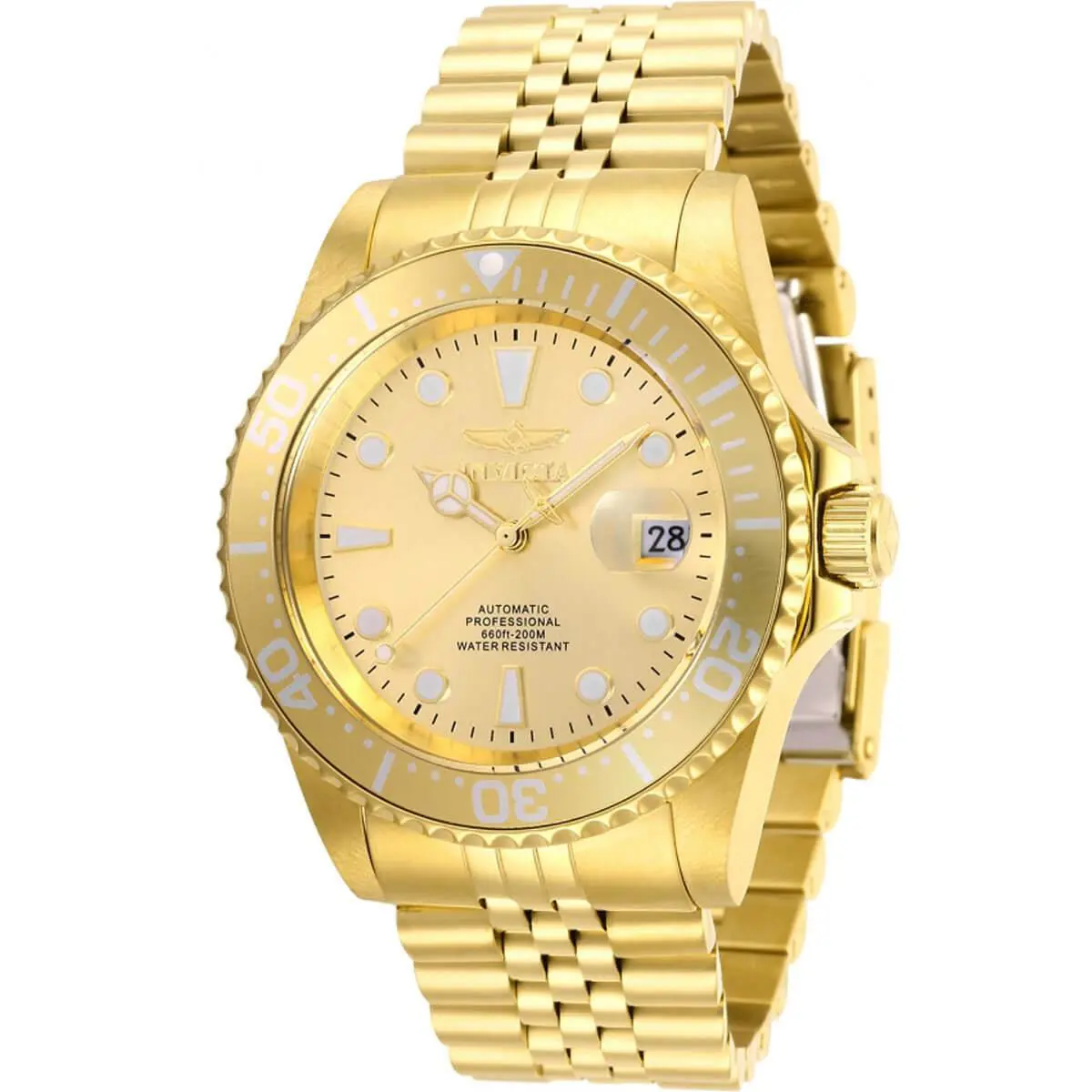Invicta Men`s Watch Pro Diver Gold Tone Dial Automatic Yellow Bracelet 30096 - Dial: Gold, Band: Gold