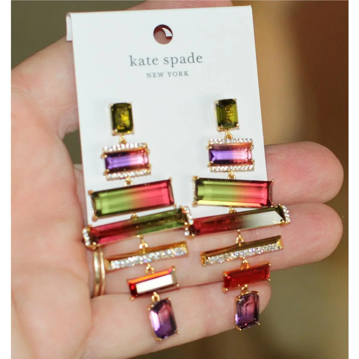 Kate Spade Geo Gems Statement Earrings Ombré Crystal Chandelier Tourmaline Huge