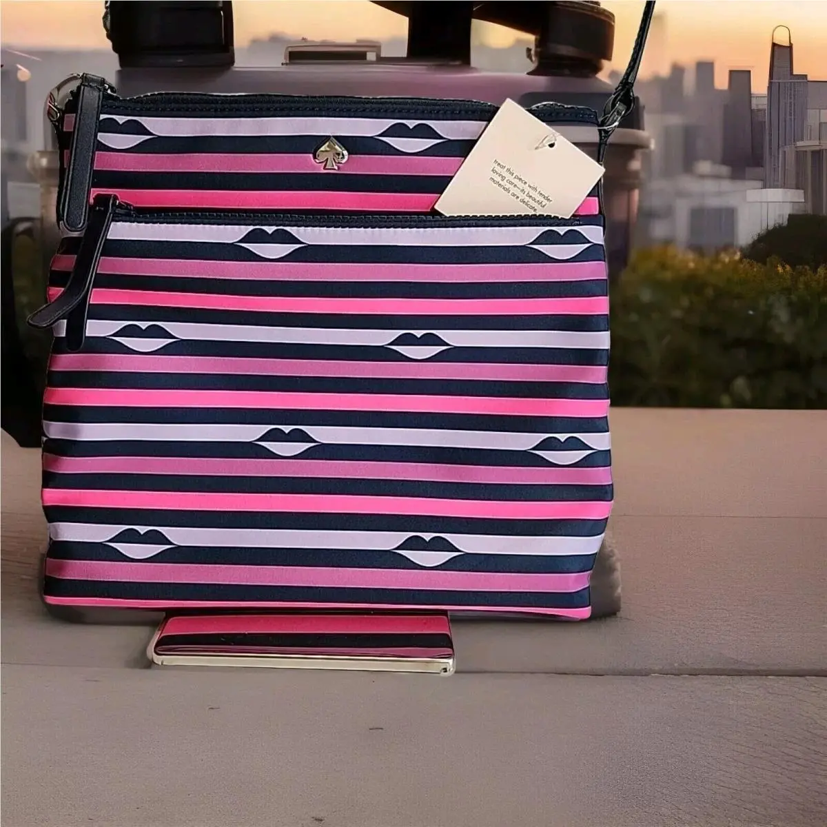 New Kate Spade Jae Nylon Flat Crossbody Hand Bag Striped Lips Pink