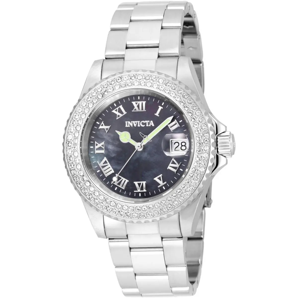 Invicta Women`s Watch Angel Quartz Black Mop Dial Silver Tone Bracelet 21711 - Dial: Black, Mother of Pearl, Band: Silver