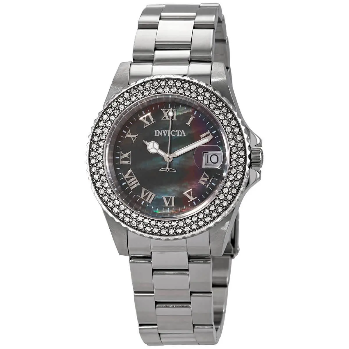 Invicta Angel Black Mop Dial Ladies Watch 21711 - Dial: Black Mother of Pearl, Band: Silver-tone, Bezel: Silver-tone