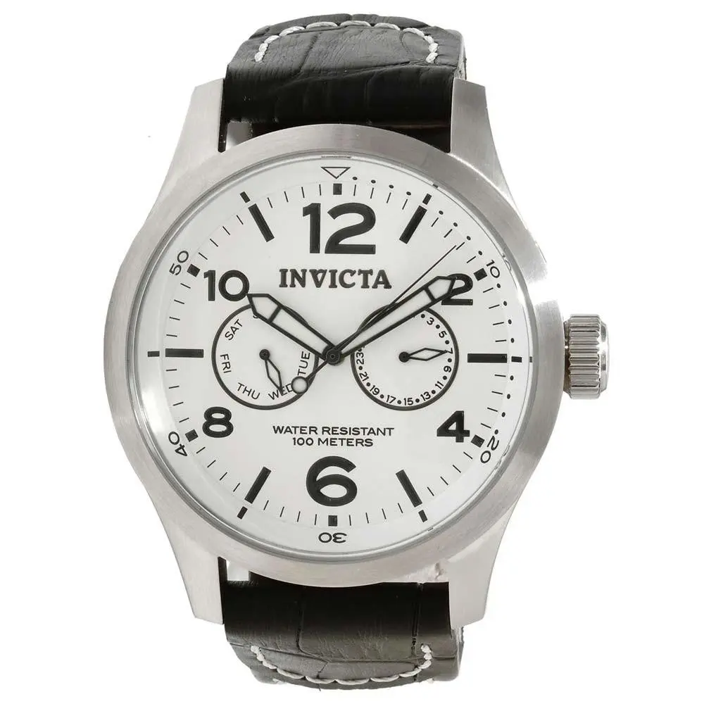 Invicta Men`s Watch Specialty Quartz White Dial Black Leather Strap 12171 - Dial: Silver