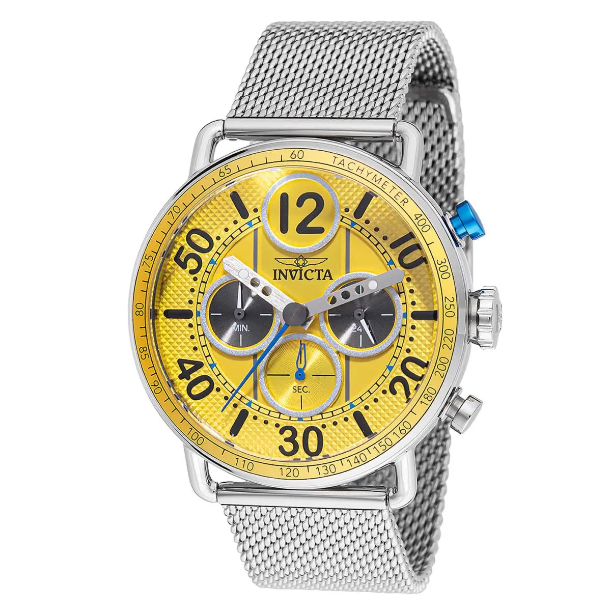 Invicta Mens Speedway Gearshift 44mm Yellow Dial Mesh Bracelet Chronograph Watch