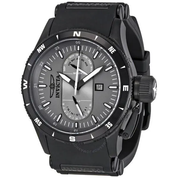 Invicta Men`s 1748 Aviator Flight Grey Dial Black Polyurethane Swiss Watch - Face: Black, Gray, Dial: Gray, Band: Black