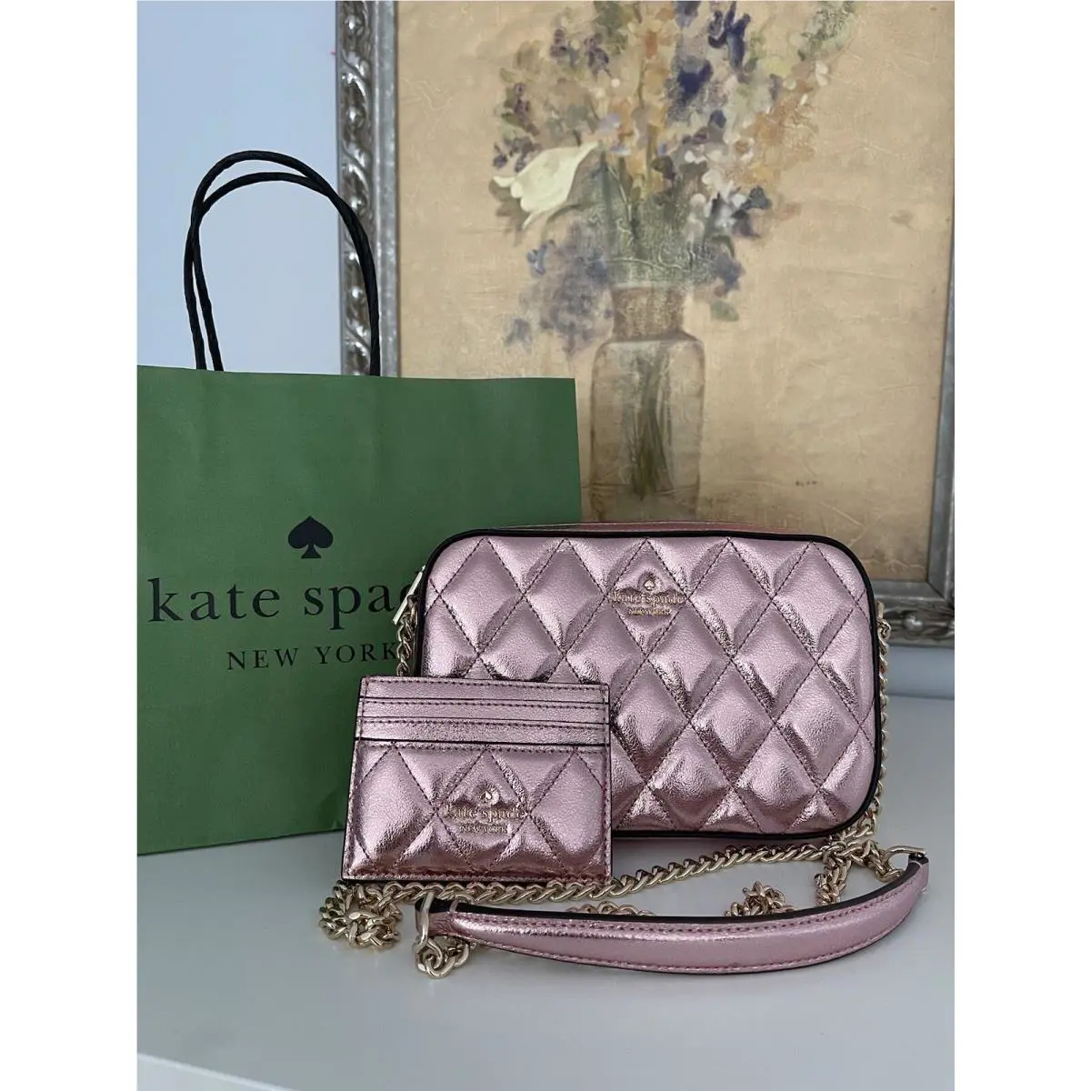 Kate Spade Boxed Quilted Metalic Leather Crossbody Card Case Set In Pink