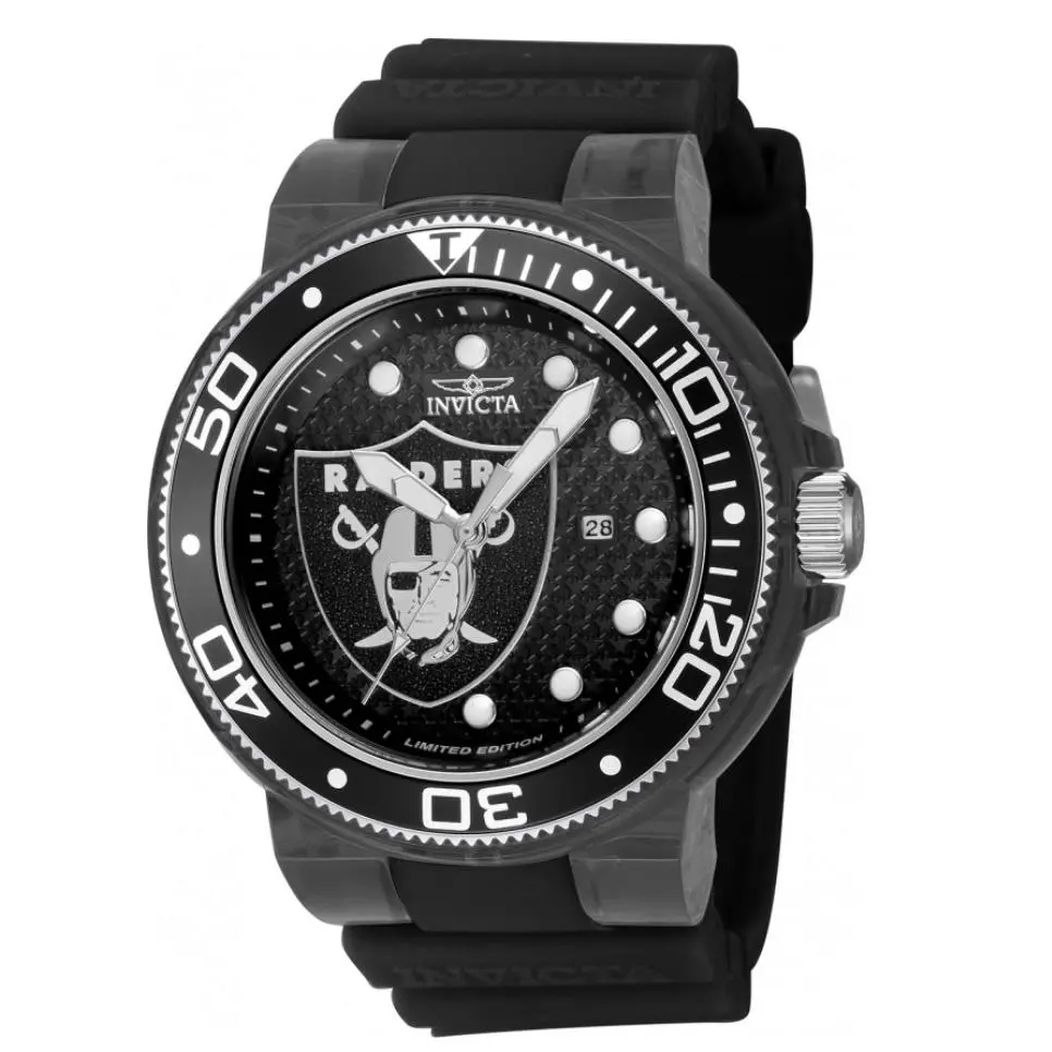Invicta Nfl Las Vegas Raiders Men`s 52mm Pro Diver Limited Silicone Watch 41473