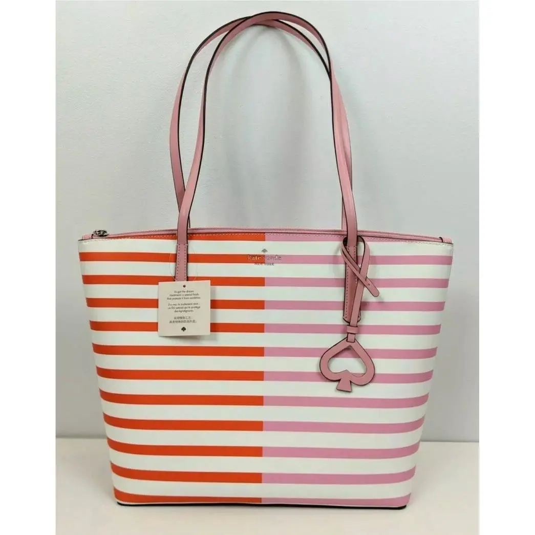 Kate Spade Zina Coated Canvas LG Tote Stripe Pink/white Multi Shoulder Bag