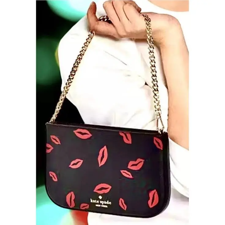 Kate Spade Leather Madison Lip Toss Bag Pochette Kiss Lips New W/tags Black Red