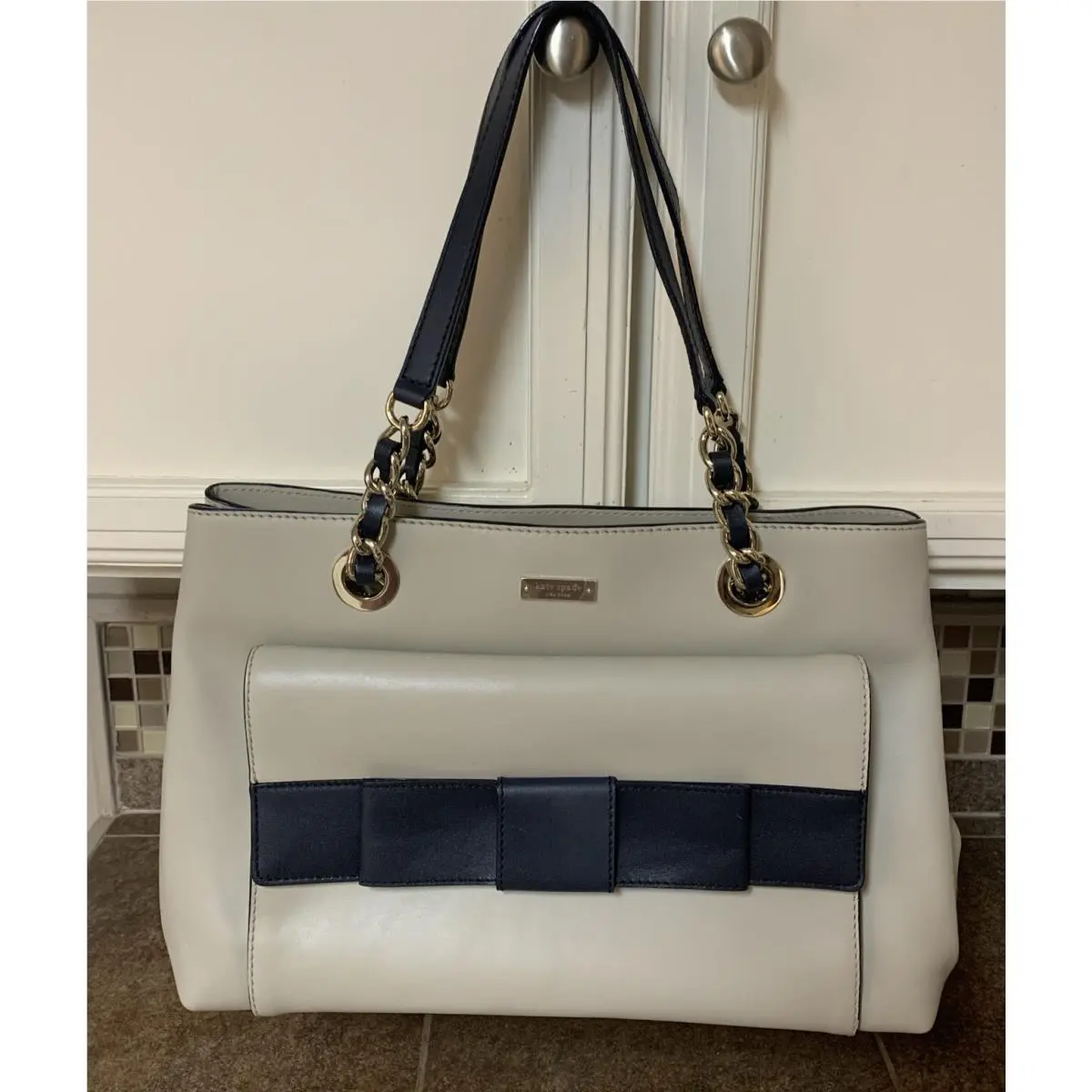 Kate Spade Taupe/black Leather Bow Accent Tote Handbag