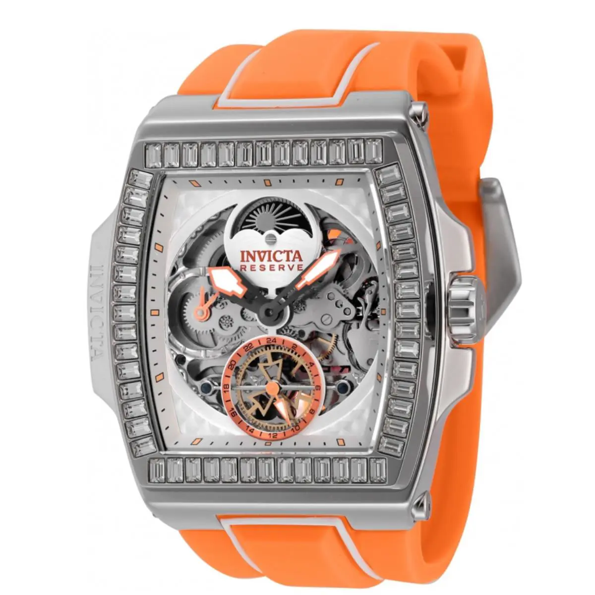 Invicta Reserve S1 Rally Diablo Men 51mm Dual Time Automatic Crystal Watch 43421 - Dial: Clear, Orange, Silver, White, Band: Orange, Bezel: Silver, White