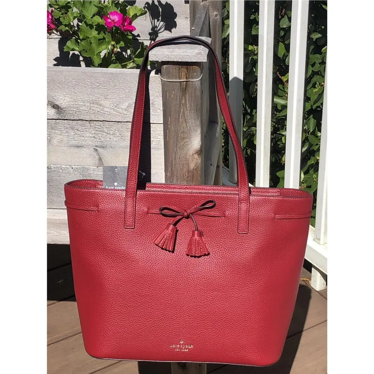 Kate Spade Tote Purse Bag Hayes Red Curran Pebbled Leather Top Zip w/ Bow