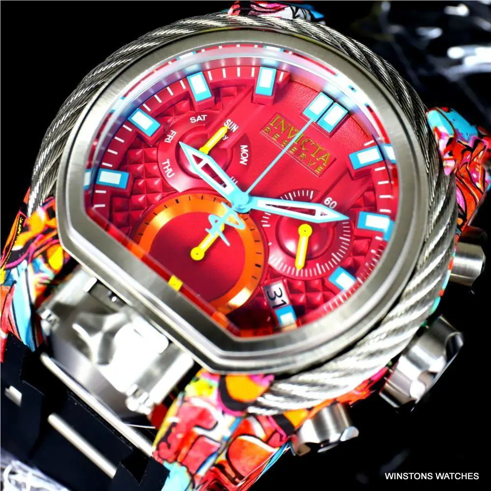 Invicta Reserve Bolt Zeus Magnum Graffiti Red Dual Swiss Mvt Dial Watch 52mm - Dial: Red, Band: Black